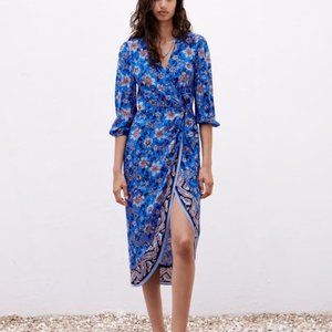 Zara Megane Blue Floral Midi Wrap Dress - Large - NWT
